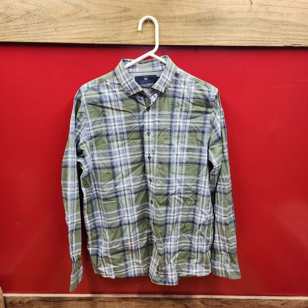Coast Men's Green Blue White Plaid Long Sleeve Button-Down Shirt M
